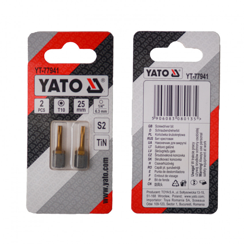Насадка викруткова YATO TORX T10 х 25 мм. HEX 1/4", покрита титаном, 2 шт.-YT-77941