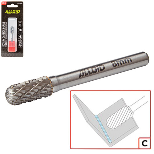Alloid Pro. Борфреза твердосплавна по металу, тип C, D-8мм, d-6мм, L-65мм-CB-63238C (300/25)