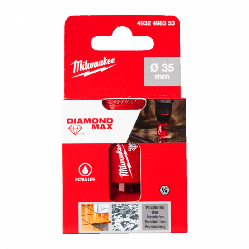 Коронка алмазна Diamond Plus/Max MILWAUKEE, діаметр 35,0мм (1/4'' Hex) (свердління з водою)-4932498353
