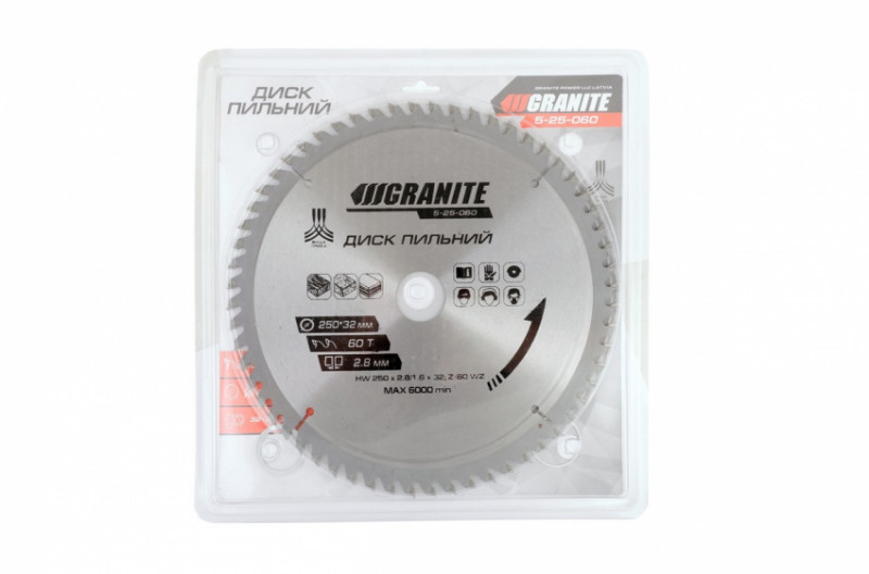 Диск пильний для дерева з твердосплавними напайками 250*32*60Т, 6000 об/хв, GRANITE-5-25-060