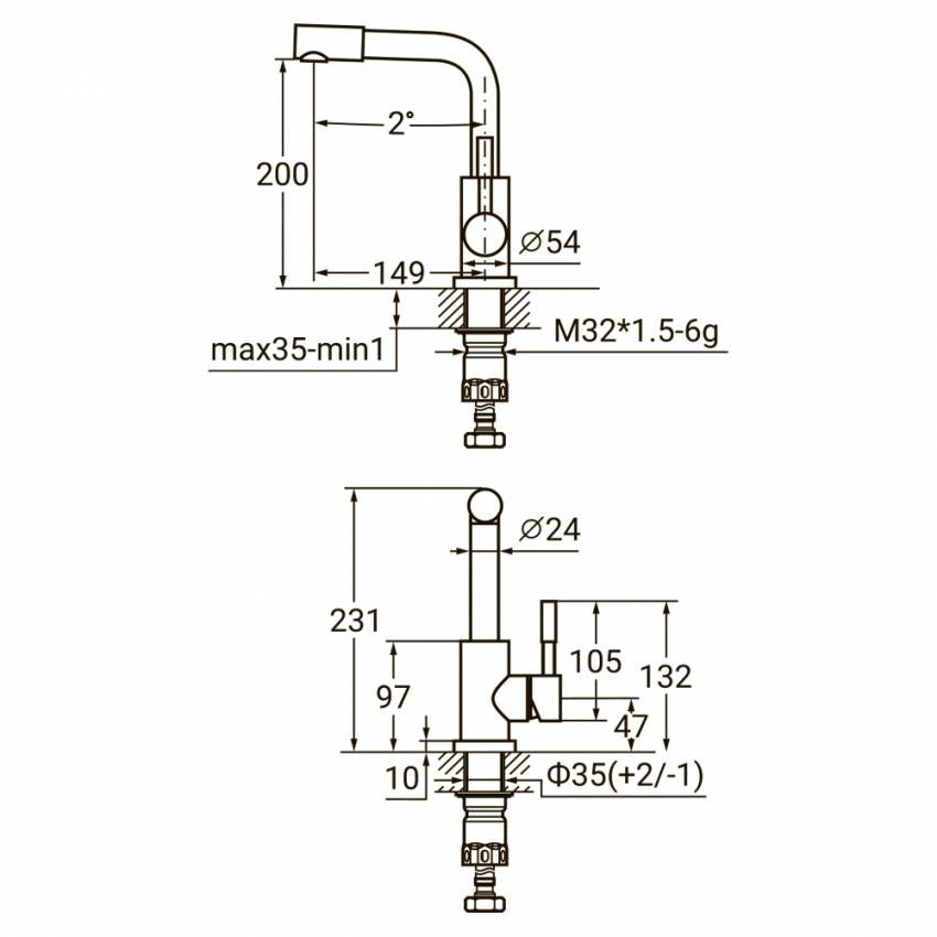 Змішувач KT Ø35 для раковини Г-гусак на гайці SS AQUATICA KT-1A370P (9722021)-9722021