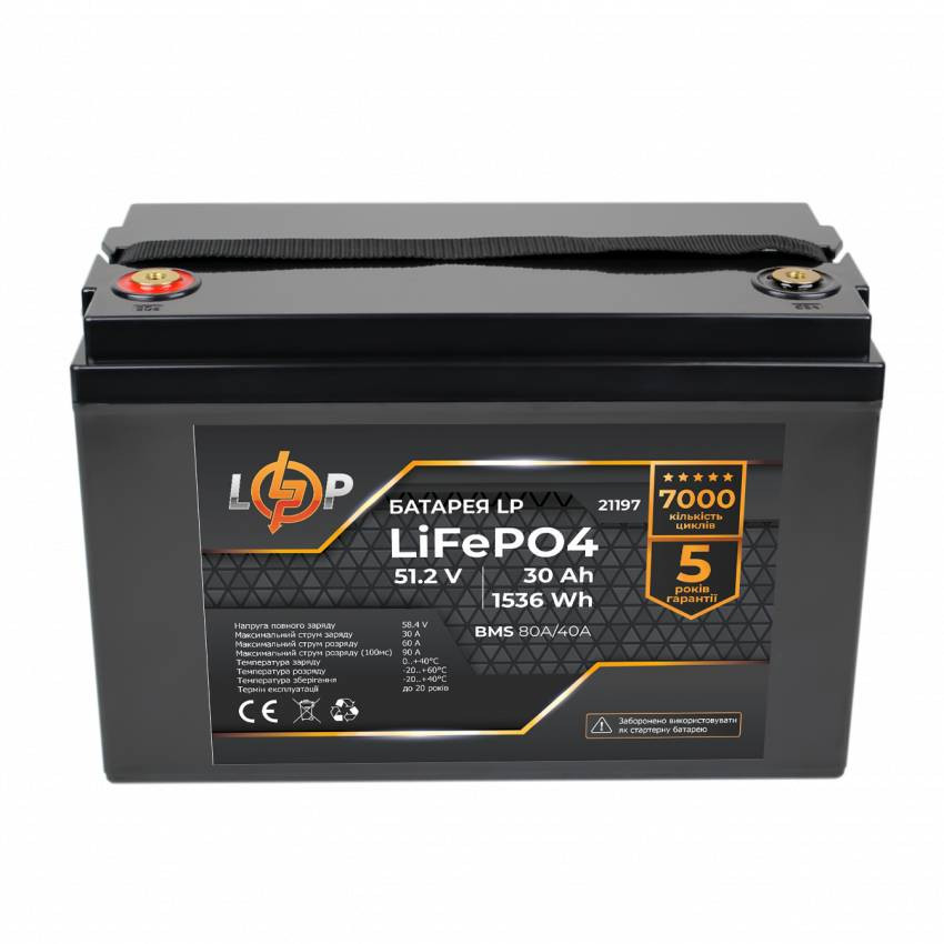 Акумулятор LP LiFePO4 51,2V - 30 Ah (1536Wh) (BMS 80A/40А) пластик-