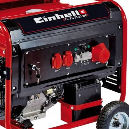 Бензиновий генератор Einhell, 230В/400В, 3300/5500 Вт, AVR, 4-х тактний, бак 25 л, макс. потужність 7 кВт, 2 розетки 220В, 1 розетка 400 В, синхронний, колеса, AVR, акумулятор для пуску в комплекті TC-PG 5500 WD-TC-PG 5500 WD