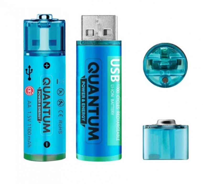 Акумулятор літій-іонний Quantum USB Li-ion AA  1.5V ,1100mAh plastic case, 2шт/уп-USB/Li-ionAA1100-PB2