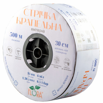 Стрічка крапельна з плоским емітером Ø16мм 30см 6міл 1.38л 500м FLORA (5076304)-[articul]