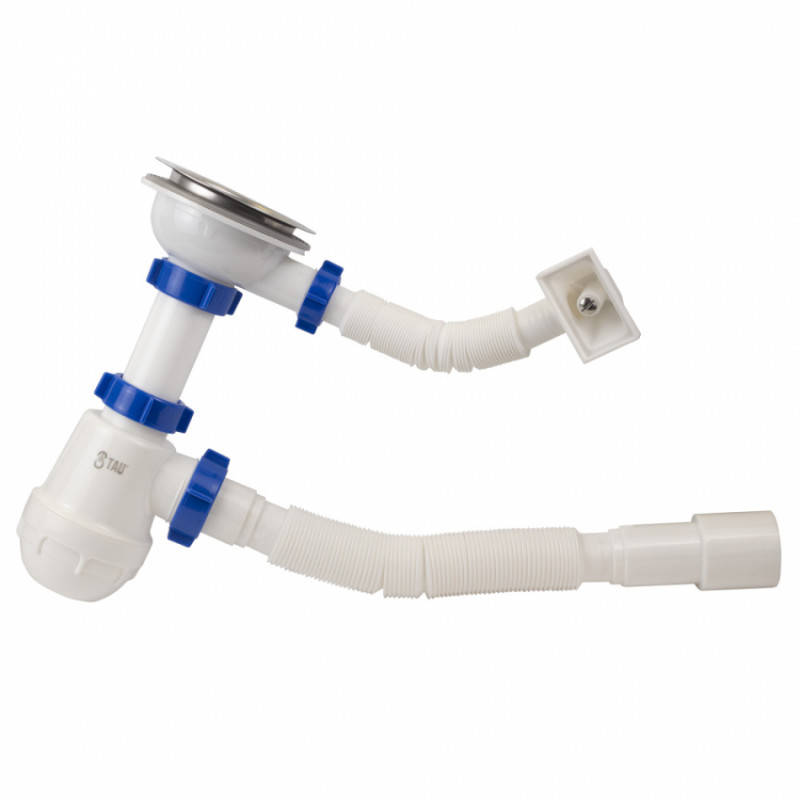 Сифон для кухонної мийки з нержавіючим випуском 3½" квадратним переливом і гнучким відведенням Ø40/50мм TAU (9842531)-9842531