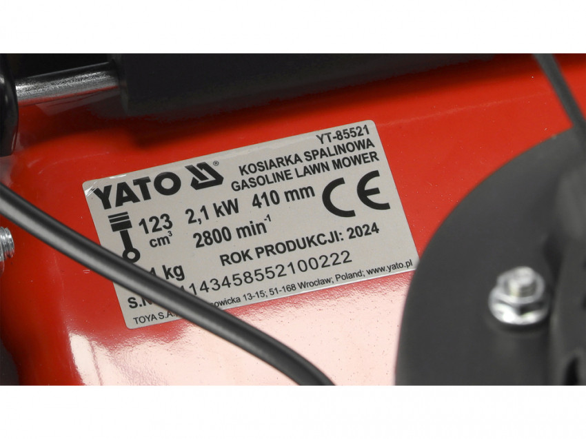 Газонокосарка бензинова YATO з приводом : 1,9кВт,  ширина різання: Ø= 41см, травозбірник- 40л-YT-85521