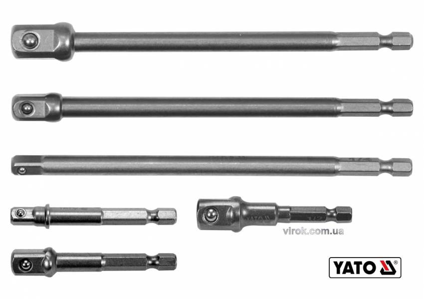 Тримачі-адаптери торцевих головок YATO: квадрат-1/4",3/8",1/2", L=50 та 150 мм, HEX-1/4", Cr-V, 6 шт.-YT-04629