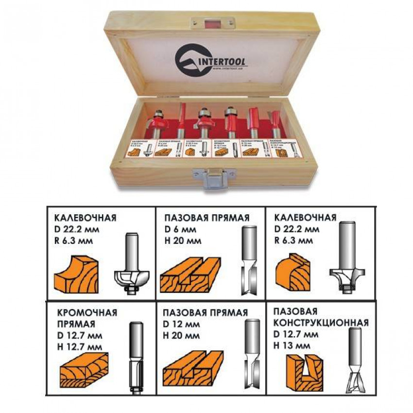 Набір фрез для деревини, 6 од. INTERTOOL HT-0072-HT-0072