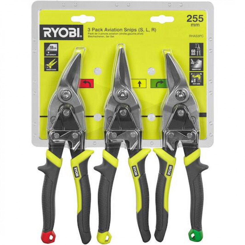 Ножиці по металу (набір 3шт) RYOBI (ліві, праві, прямі)-5132006054
