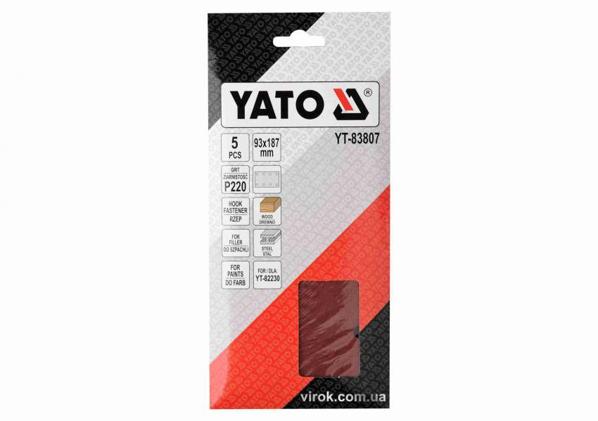 Папір шліфувальний з липучкою YATO: 93 х 187 мм, Р220, до YT-82230, 5 шт-YT-83807