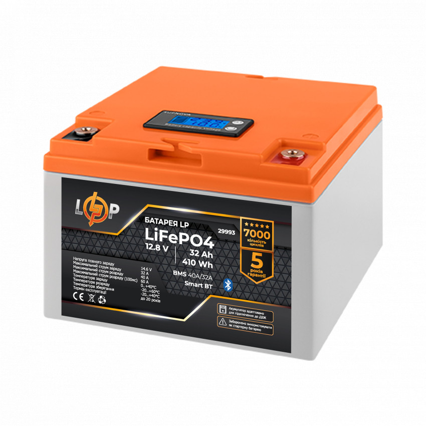 Акумулятор LP LiFePO4 12,8V - 32 Ah (410Wh) (BMS 40А/32A) пластик LCD Smart BT-