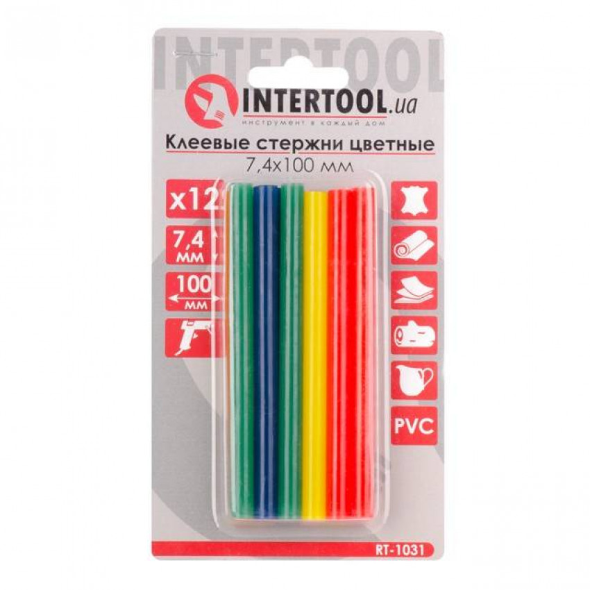 Комплект клейових стрижнів кольорових, 7,4×100 мм, 12 шт. INTERTOOL RT-1031-RT-1031