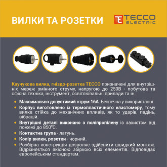 Розетка ТЕССО Каучук 2 поста із заземленням з кришкою чорна 1шт/уп