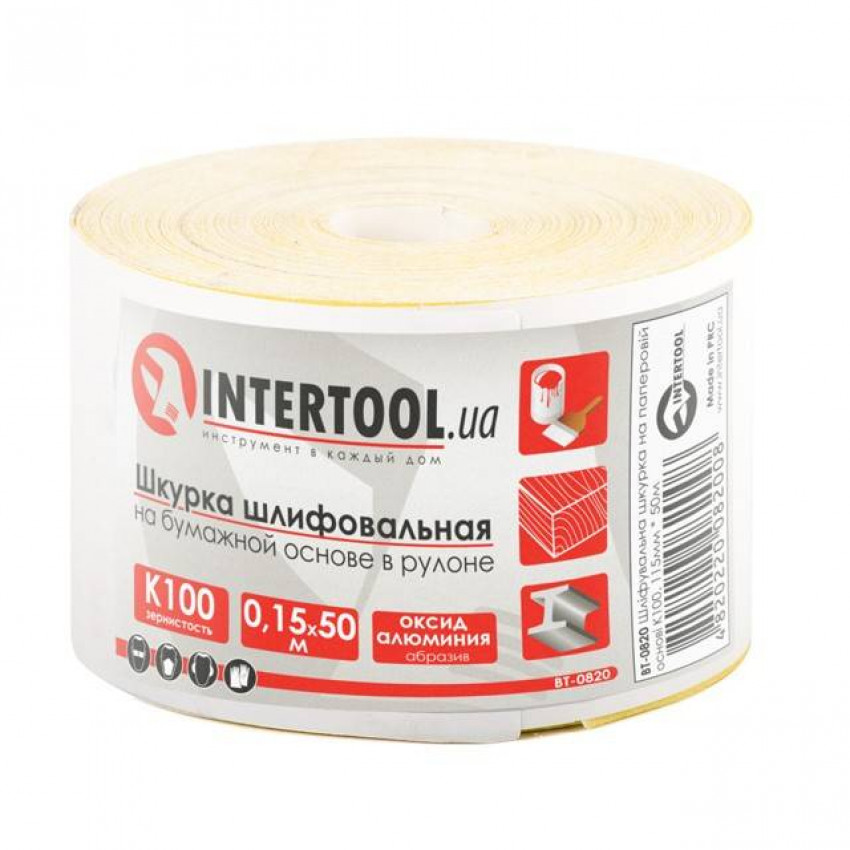 Шкурка шліфувальна, паперова основа, К100, 115 мм × 50 м INTERTOOL BT-0820-BT-0820