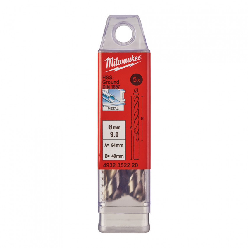 Свердло по металу HSS-G MILWAUKEE DIN1897, Ø9,0х84х40мм, скорочене, (5шт)-4932352220