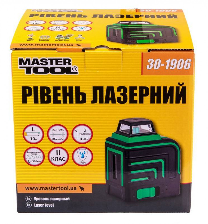 Рівень лазерний MASTERTOOL H360+V 2 лазерні головки GREEN 0.2 мм/м 10 м Li-ion сумка 30-1906-30-1906