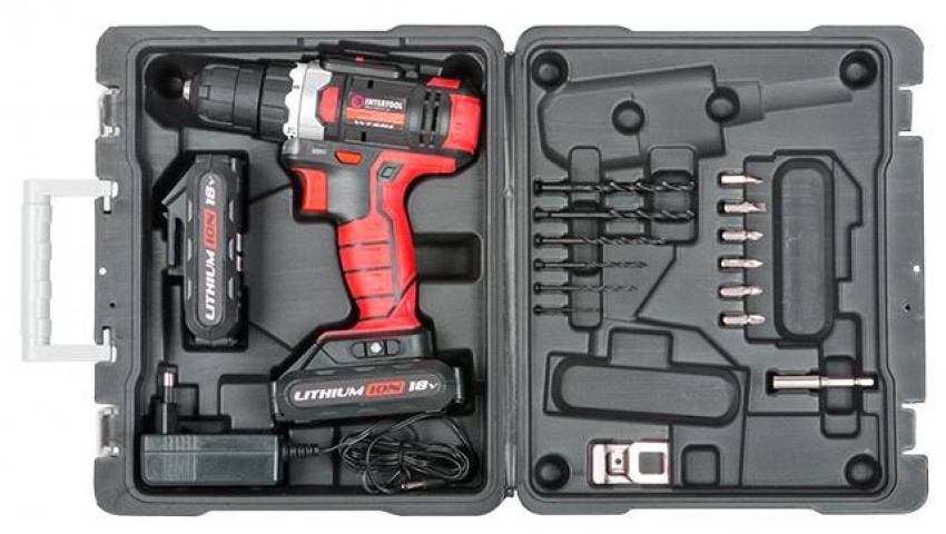 Дриль-шурупокрут акумуляторний Li-Ion 18 В, 25 Nm, 0-400/0-1500 об/хв, 2x2.0 Аг INTERTOOL WT-0314-WT-0314