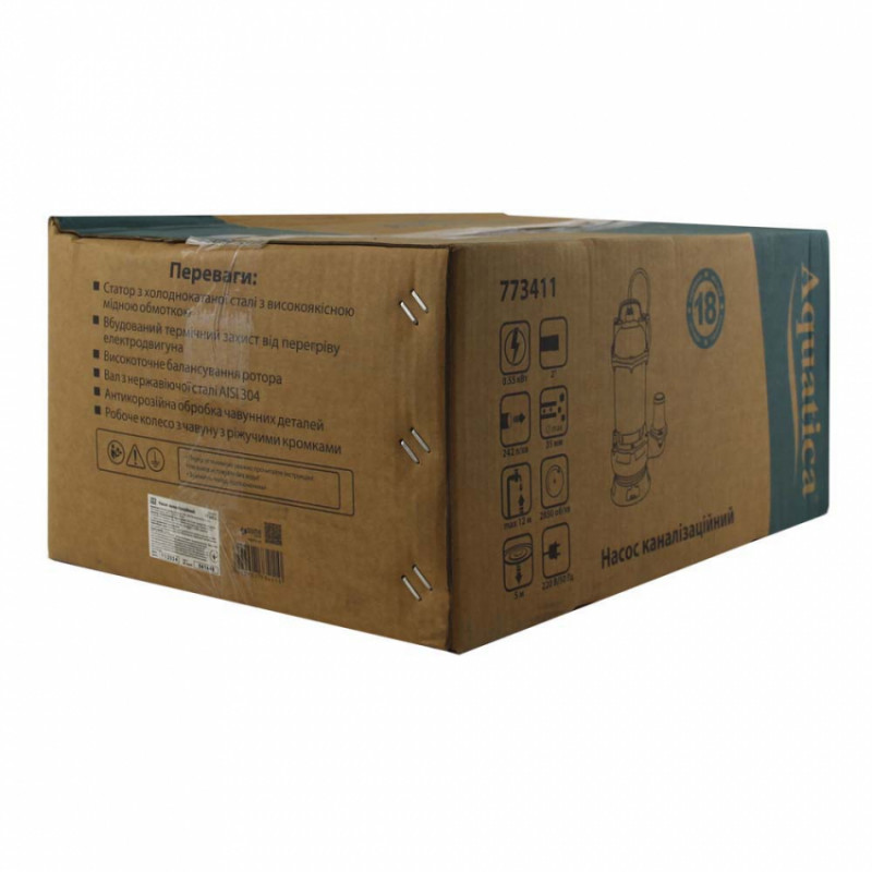 Насос каналізаційний 0.55кВт Hmax 12м Qmax 242л/хв AQUATICA (773411)-773411