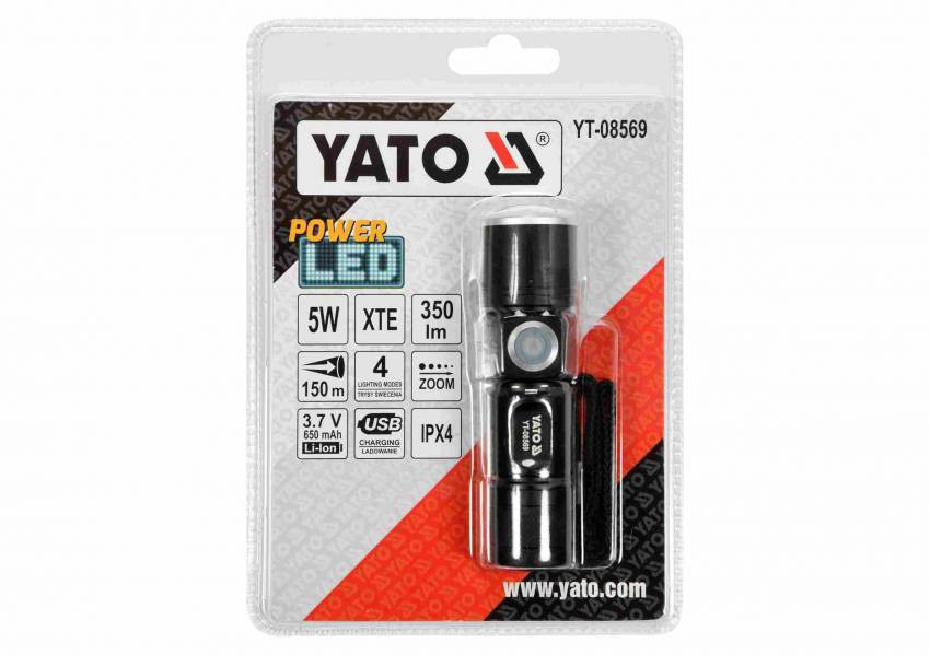 Ліхтар світлодіодний (XTE CREE) YATO, акумулят. Li-Ion 650 мА, Р = 5 Вт, Ф = 350 lm. Ø = 27 мм x 94 мм-YT-08569