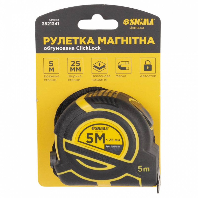 Рулетка магнітна обгумована ClickLock нейлонове покриття автостоп 5м×25мм SIGMA (3821341)-3821341