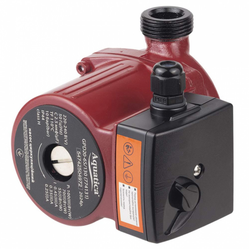 Насос циркуляційний 100Вт Hmax 6м Qmax 75л/хв Ø1" 130мм гайки Ø¾" AQUATICA (774131)-774131