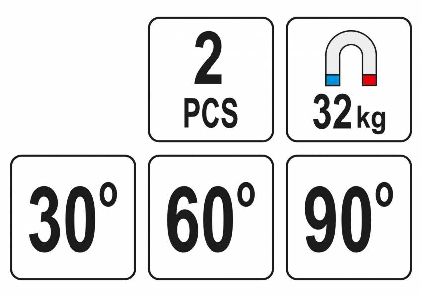 Кути магнітні для зварювання YATO: кут: 30°, 60°, 90°, сталеві, сила утримування - 32 кг, 2 шт.-YT-08723
