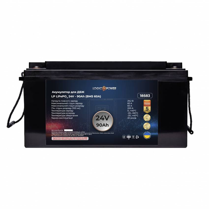 Акумулятор LP LiFePO4 для ДБЖ 24V - 90 Ah (BMS 60A) пластик-