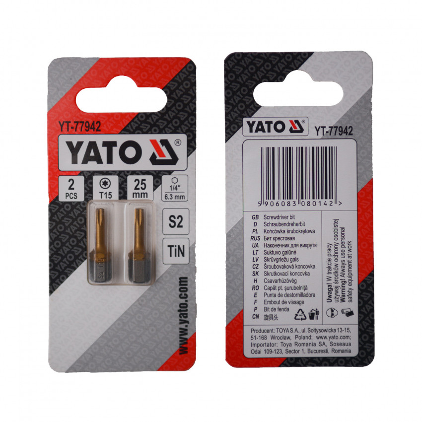 Насадка викруткова YATO; шліц "TORX" T15 х 25 мм. шпиндель 6-гран- 1/4", покрита титаном, 2 шт.-YT-77942