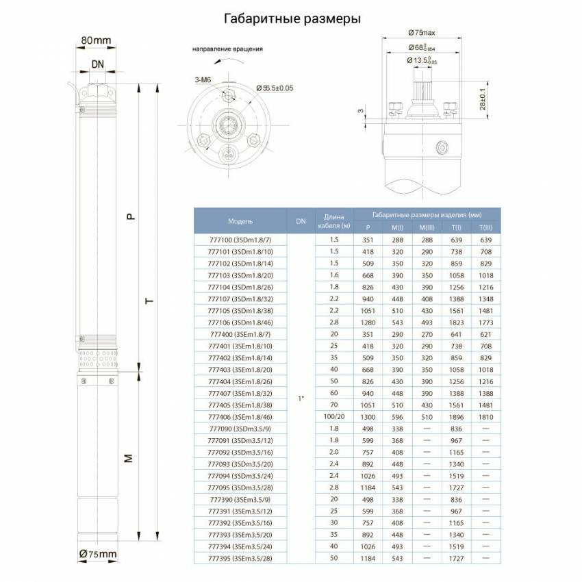 Насос відцентровий свердловинний 0.37 кВт H 35(26)м Q 90(60)л/хв Ø80мм (кабель 20м) AQUATICA (DONGYIN) (777390)-777390