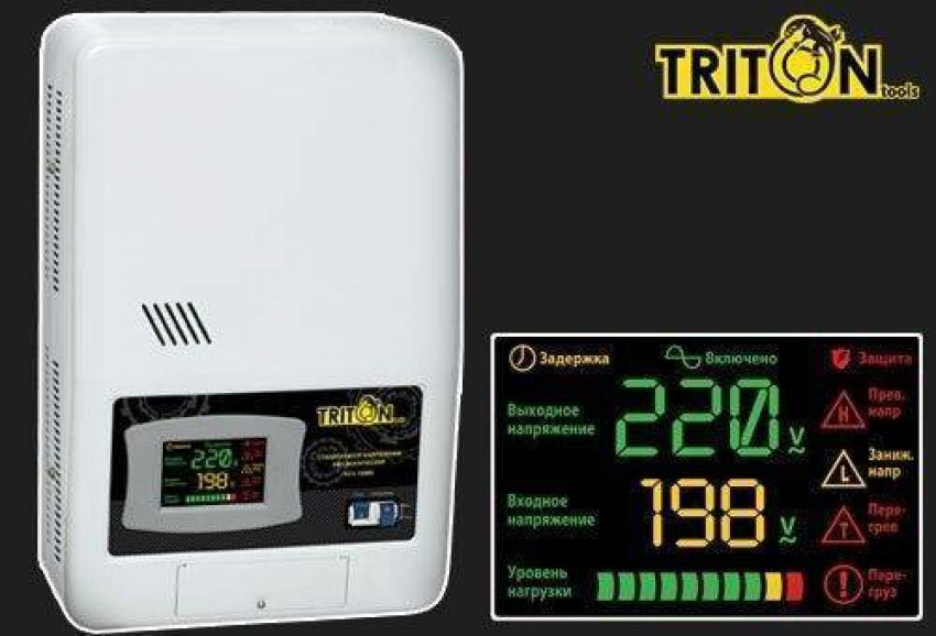 Стабілізатор Triton-tools 10кВА. Максимальна потужність навантаження 10000 ВА. Число фаз-1. номінальна год-24-100-00