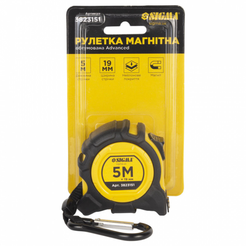 Рулетка магнітна обгумована Advanced нейлонове покриття 5м×19мм SIGMA (3823151)-3823151