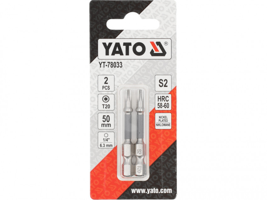 Насадка викруткова YATO; "TORX" T20 х 50 мм. шпиндель 6-гран- 1/4", покрита нікелем, 2 шт.[10]-YT-78033