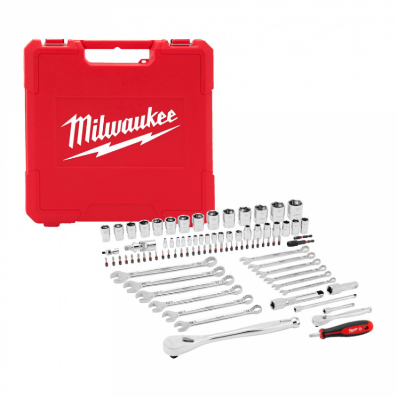 Набір головок торцевих хромованих 1/4'' та 1/2'' MILWAUKEE, з ключами та подовжувачами (87шт)-4932501844