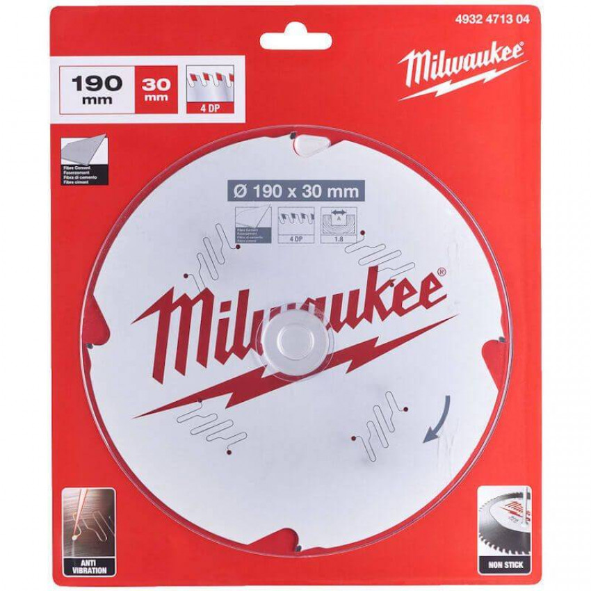 Диск пильний MILWAUKEE, Ø190/30мм/1,8мм, 4 зуб., по фіброцементу-4932471304