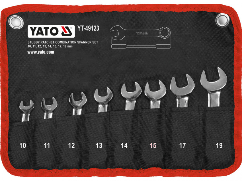 Клюі комбіновані короткі YATO з "тріскачкою"  Cr-V,  М10, 11, 12, 13, 14, 15, 17, 19 мм, 8 шт. [20]-YT-49123