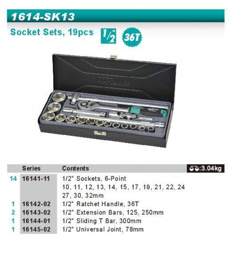 Набір головок 1/2" 10-32мм 19од мет.кейс-1614-SK13S