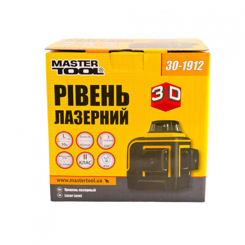 MasterTool Рівень лазерний H360 2*V360, 3 лазерні головки RED, 0.2мм/м, 10м, Li-ion, сумка, Арт.: 30-1912-30-1912