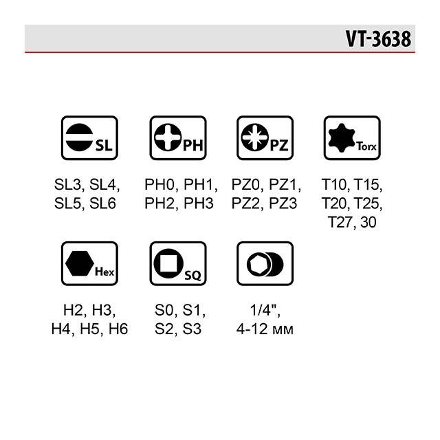 Викрутка реверсивна з комплектом насадок і головок, 38 од., STORM INTERTOOL VT-3638-VT-3638