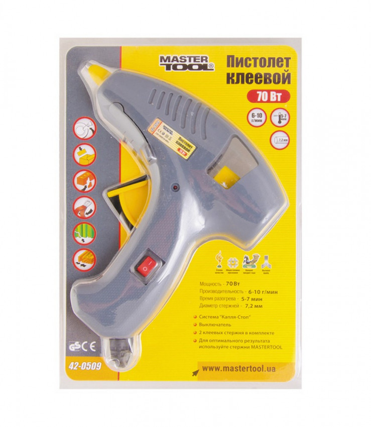 Пістолет клейовий MASTERTOOL Ø7.2 мм 70 Вт 6-10 г/хв "Крапля-Стоп" з вимикачем 42-0509-42-0509