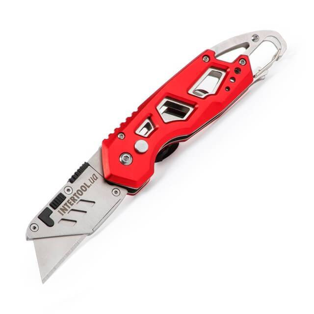 Ніж трапецеподібний 60*19мм складаний, SK5, алюмінієва рукоятка, карабін INTERTOOL HT-0531-HT-0531