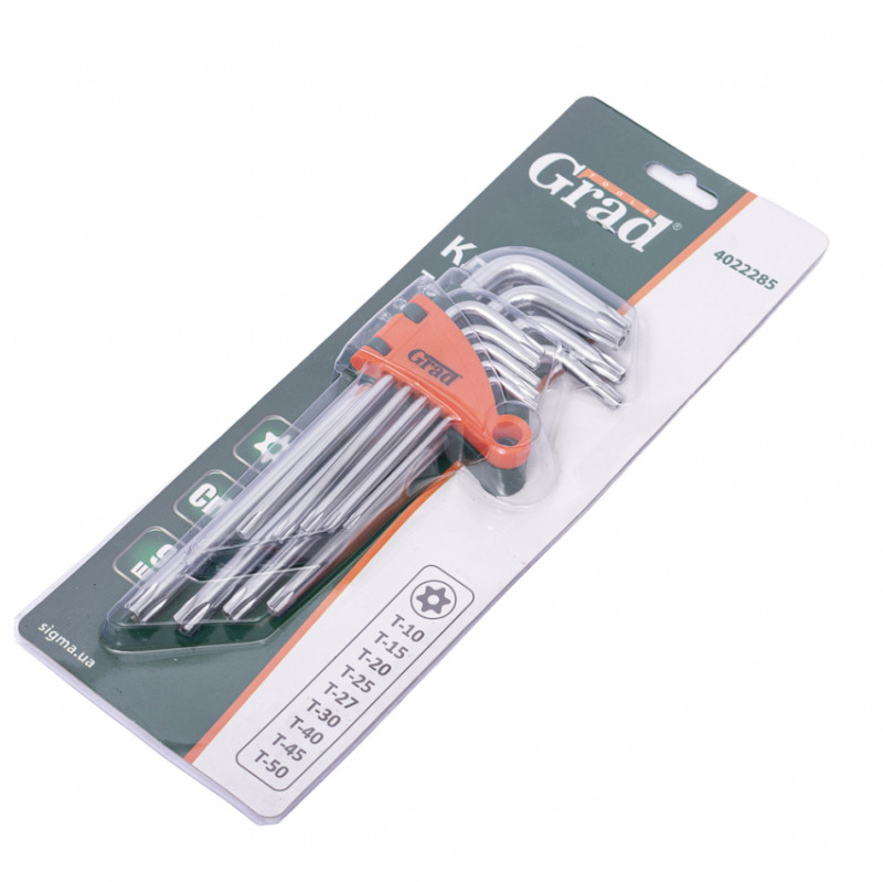 Ключі TORX 9шт T10-T50мм CrV (середні з отвором) Grad (4022285)-4022285