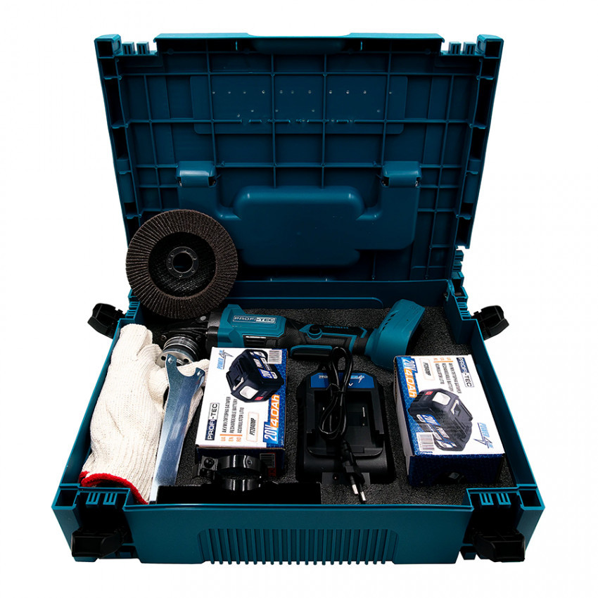 Акумуляторна кутова шліфмашина PROFI-TEC PGA202BL 20V,125мм,2хPT2040MP 4.0Аг,підшибник NSK, зар,кейс-PRT_006296