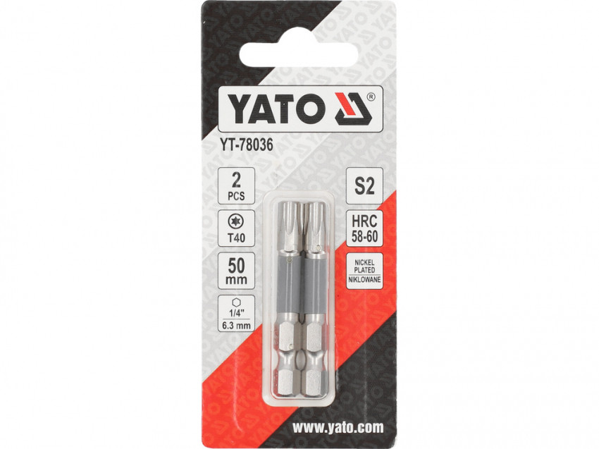 Насадка викруткова YATO; "TORX" T40 х 50 мм. шпиндель 6-гран- 1/4", покрита нікелем, 2 шт.[10]-YT-78036