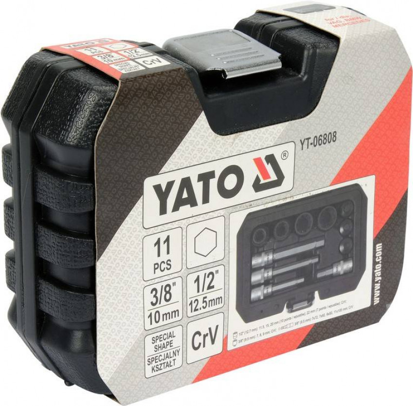 Насадки 6-гранні для гальмівних супортів авто YATO: квадр- 3/8", 1/2", 7- 22 мм, 11 шт-YT-06808