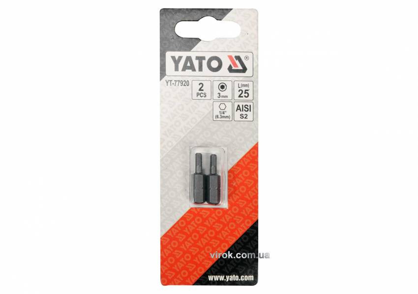 Насадка викрутка YATO: "HEX" H4 x 25 мм, HEX 1/4", AISI S2, 2 шт-YT-77921
