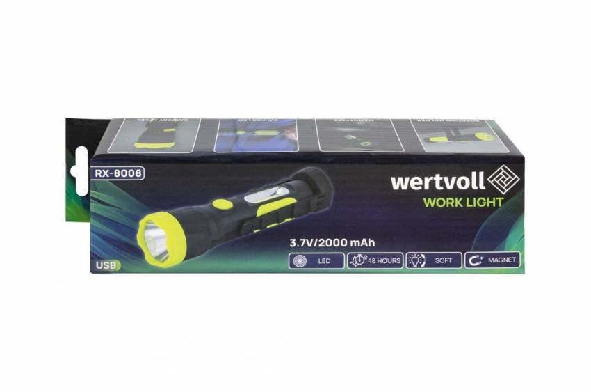 Ліхтар магнітний WERTVOLL LED/COB LED регулювання світла IP44 Li-ion 2000 mAh/t 7000 K/280 lum ABS 212х54 мм RX-8008-RX-8008