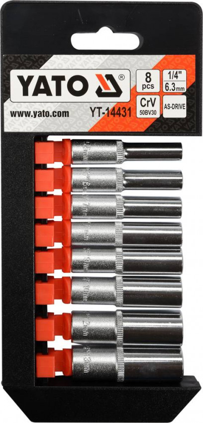 Набір подовжених головок торцевих YATO, квадрат 1/4'', М 5,5-13 мм, L = 50 мм, 8 шт., Компл.-YT-14431