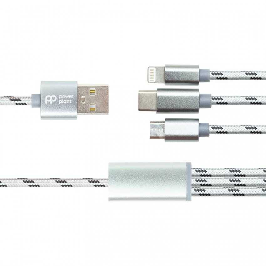 Кабель PowerPlant 2.1A 3-в-1 USB AM - Type-C/Lightning/Micro, 1.2м, сірий-CA910663