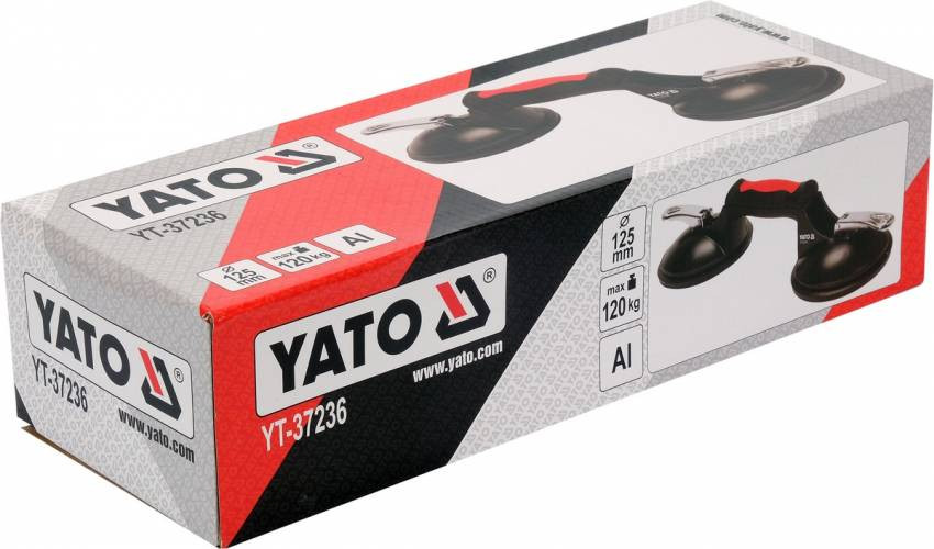 Присоска для монтажу скла подвійна YATO: 2 чашки Ø= 125 мм, m= 120 кг, 245х 125х 7 мм-YT-37236